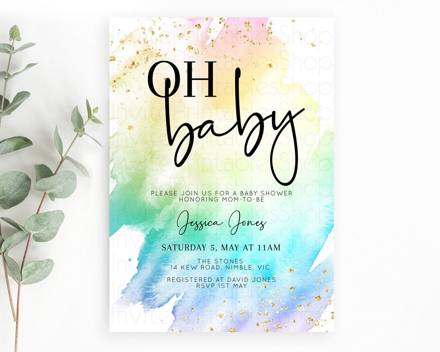 Pastel Baby Shower Invitation Rainbow Baby Shower Invitation Colorful Pastel Watercolor Invitation Gold Glitter Sprinkles Ombre D10279