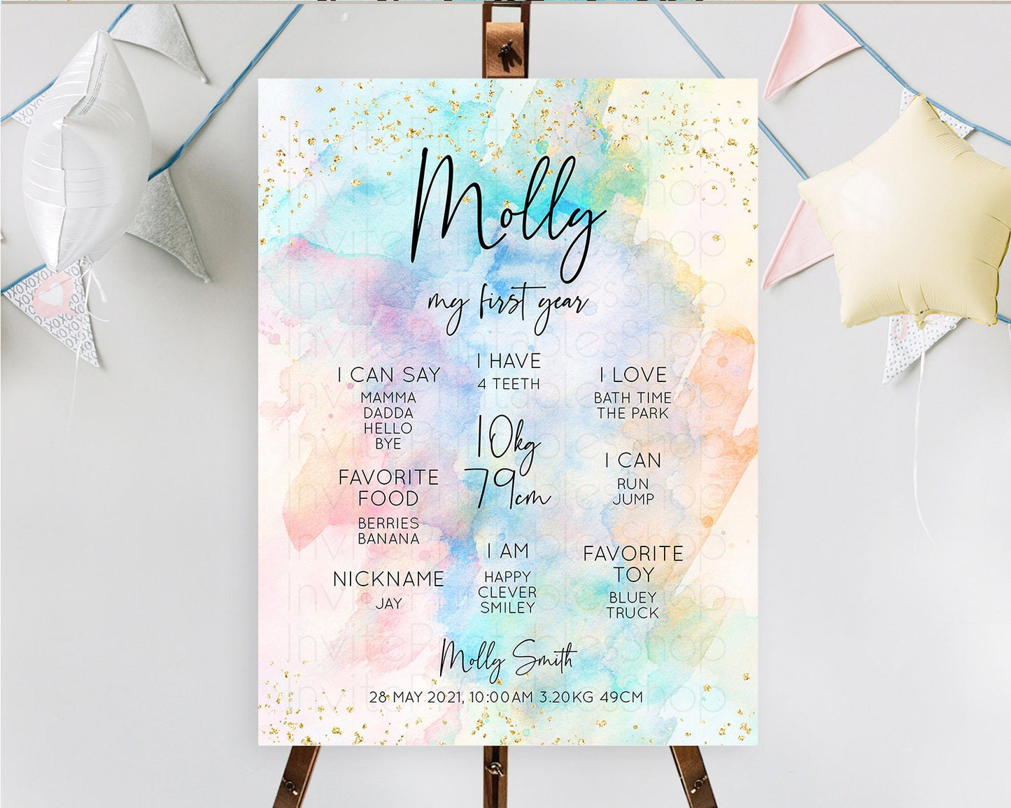 Pastel First Birthday Milestone Board Pastel Rainbow Milestone Poster Colorful Confetti Watercolor Glitter 1st Birthday Welcome Sign D10260