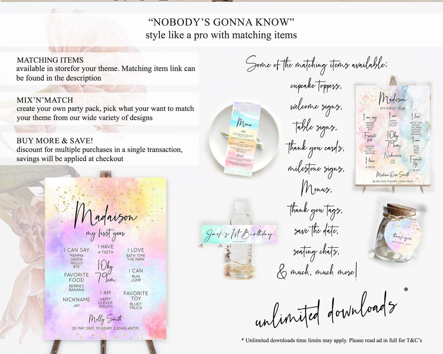 Pastel First Birthday Milestone Board Pastel Rainbow Milestone Poster Colorful Confetti Watercolor Glitter 1st Birthday Welcome Sign D10437