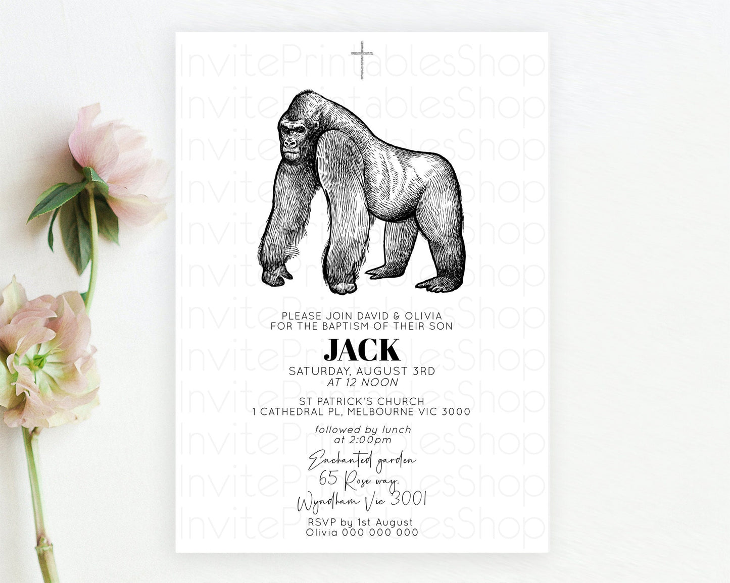 Gorilla Baptism Invitation Gorilla Baptism 1st Birthday Invitation Gorilla Jungle Adventure Christening Invitation Wild Zoo Theme D10855