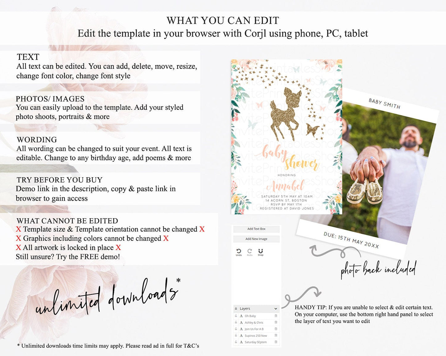 Enchanted Forest Baby Shower Invitation, Whimsical Deer and Butterfly, Pastel Flowers Pink, Green, Orange - Gold Glitter Floral Theme D10874