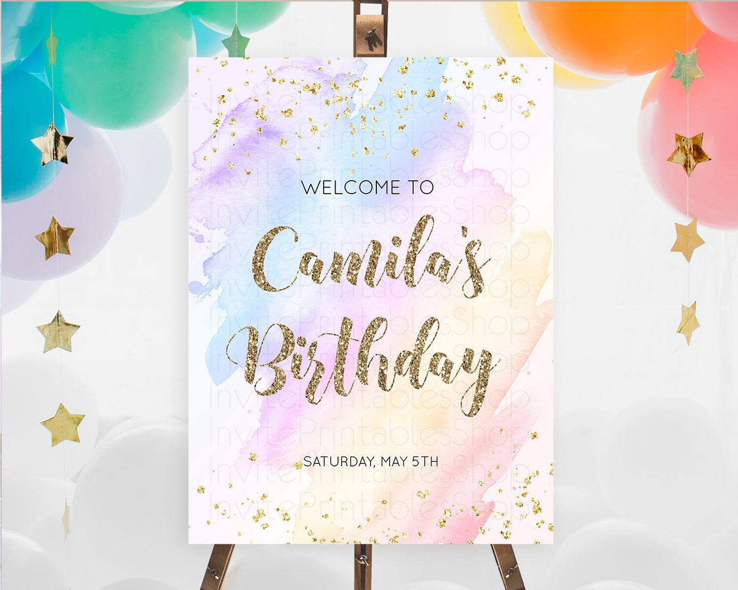 Pastel Welcome Sign Pastel Rainbow Welcome Sign Colorful Rainbow Confetti Watercolor Glitter Pastel First Birthday Welcome Sign D10633