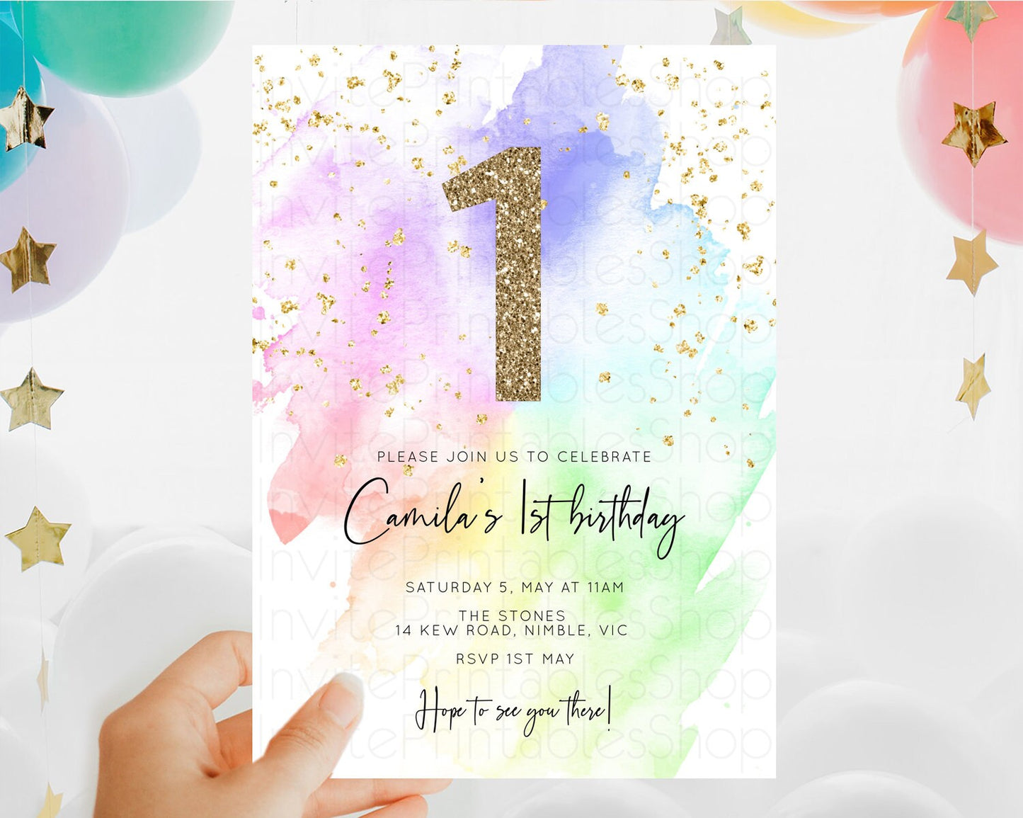 Rainbow Birthday Invitation Colorful Pastel Watercolor Invitation Gold Glitter Sprinkles Ombre Pastel 1st 2nd 3rd Birthday D10316