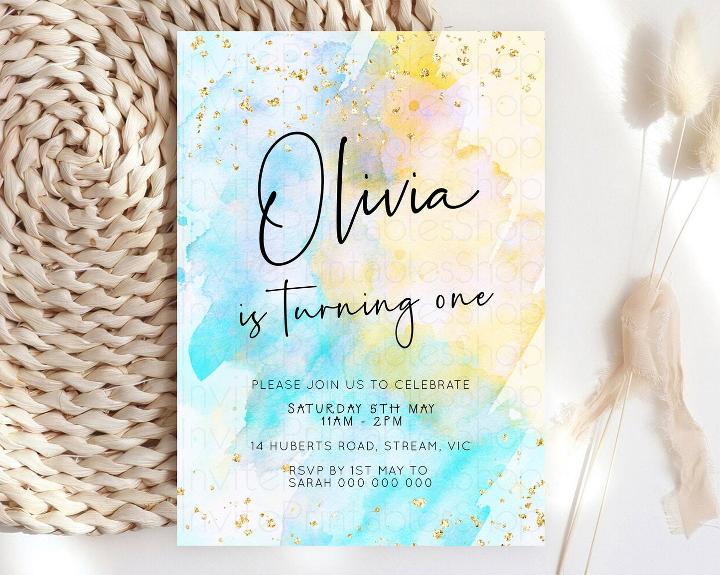 Pastel Birthday Invitation Ombre Watercolor Birthday Invitation Glitter Rainbow Color Splash 1st 2nd 3rd Birthday Invitation D23070