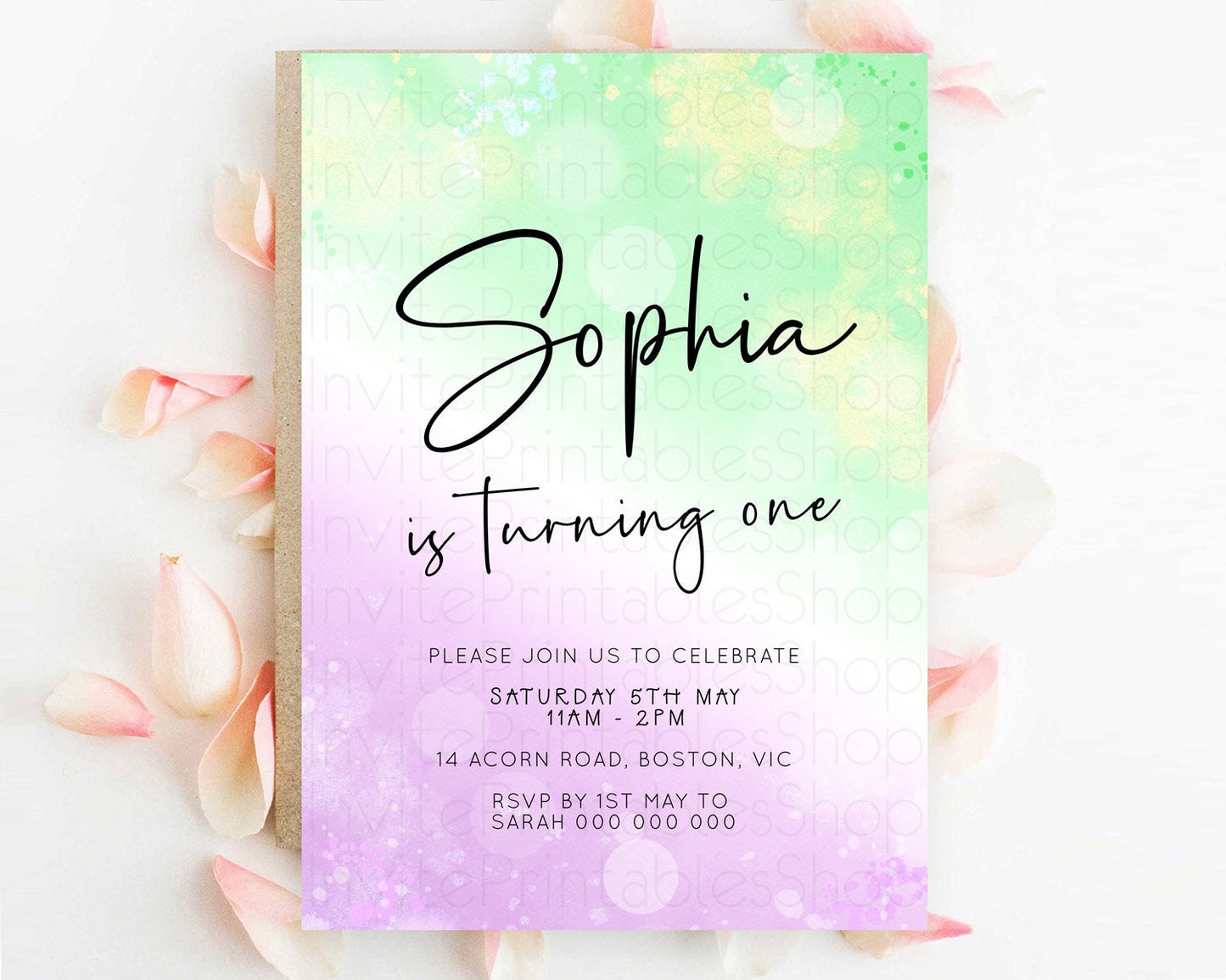 Pastel Birthday Invitation Ombre Watercolor Birthday Invitation Glitter Rainbow Color Splash 1st 2nd 3rd Birthday Invitation D23103