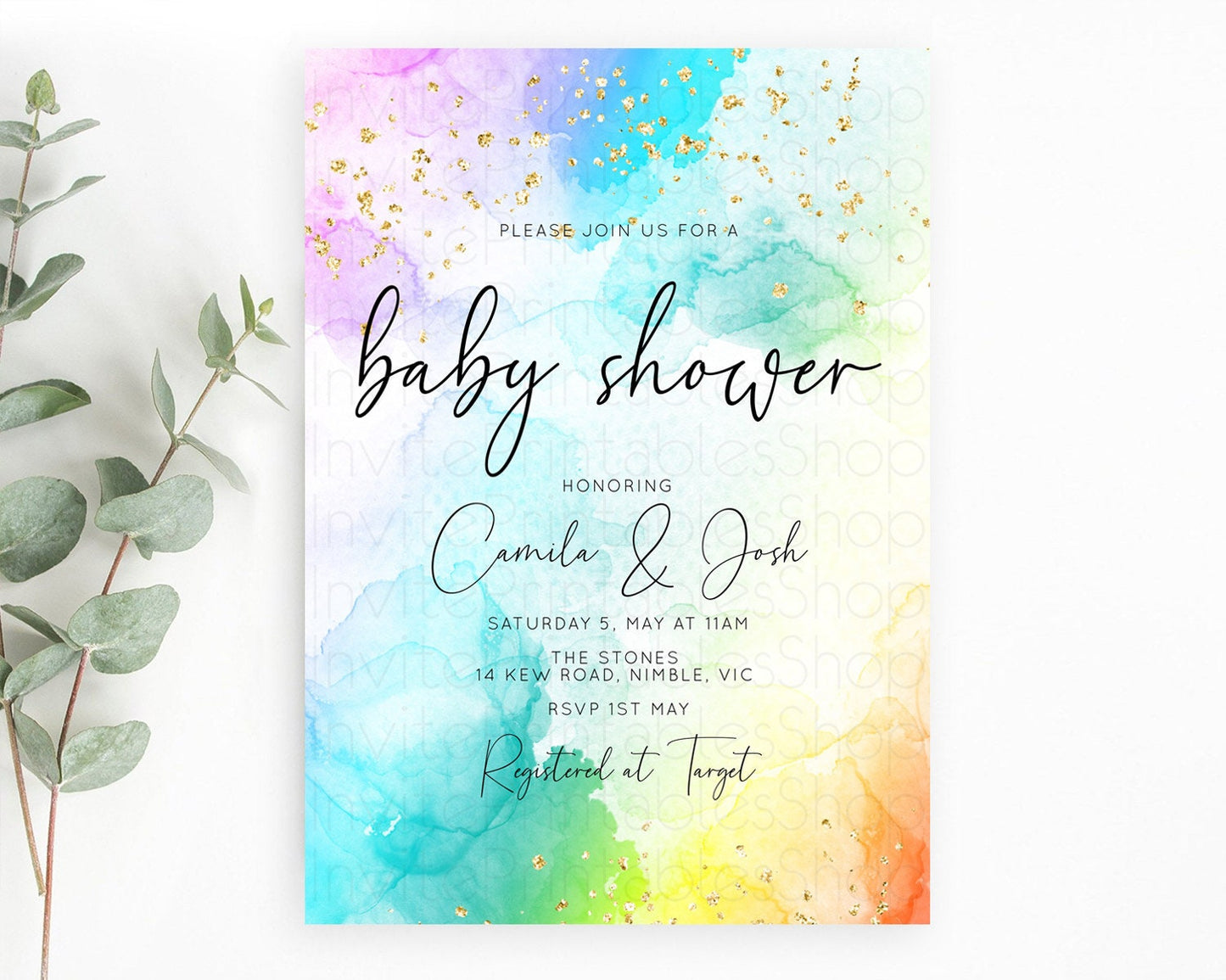 Pastel Rainbow Baby Shower Invitation, Gold Glitter and Colorful Ombre Watercolor, Blue, Purple, Orange, Yellow, Clouds Gender Reveal D10771