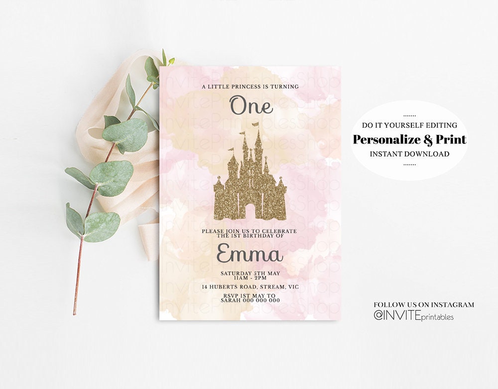 Princess Birthday Invitation Castle Invitation Disney Invitation Glitter Princess Invite Gold Pink Watercolor Invite Disney Castle Invite