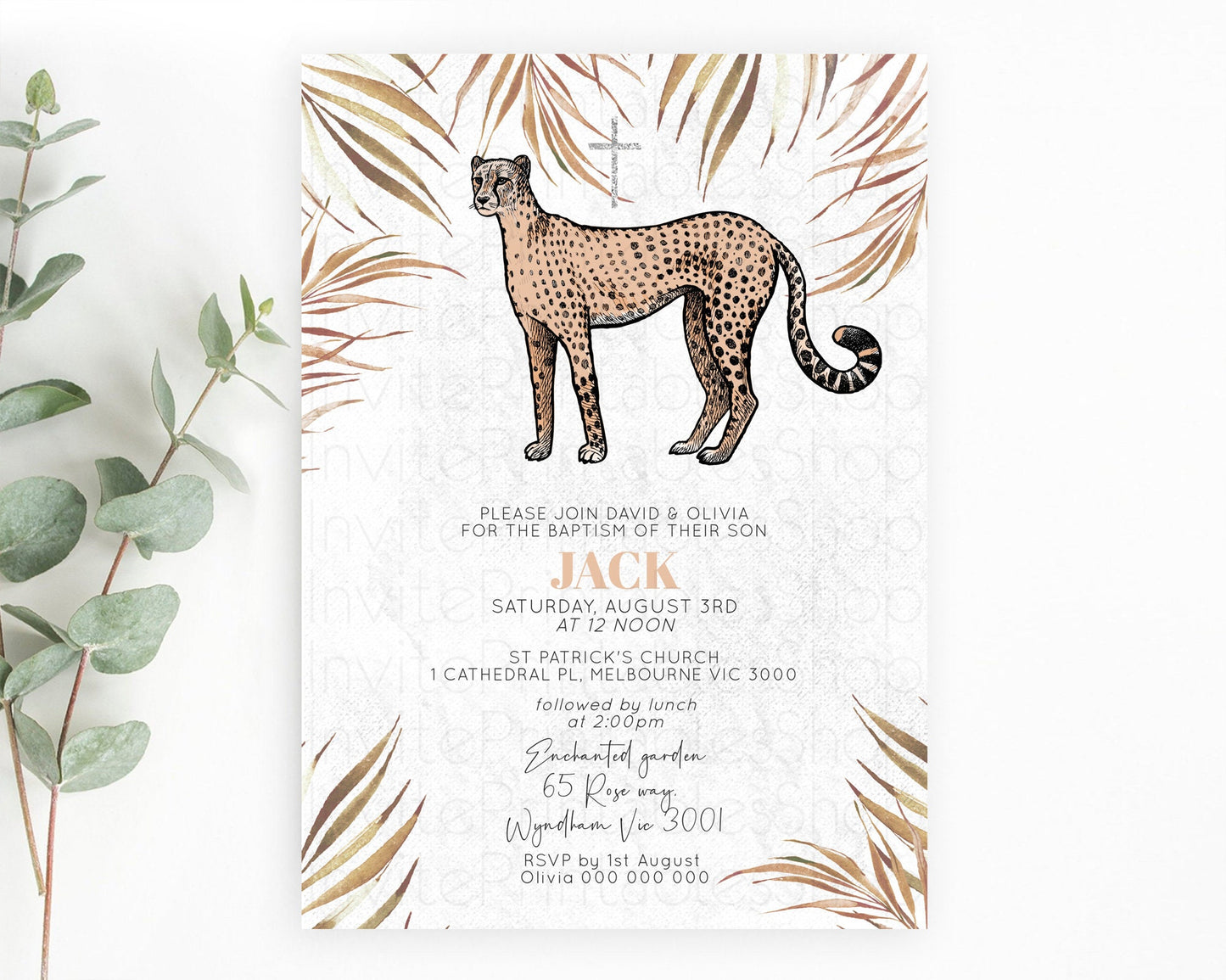 Cheetah Baptism Invitation Cheetah Baptism 1st Birthday Invitation Cheetah Safari Adventure Christening Party Palm Leaf Zoo Cheetah D10291