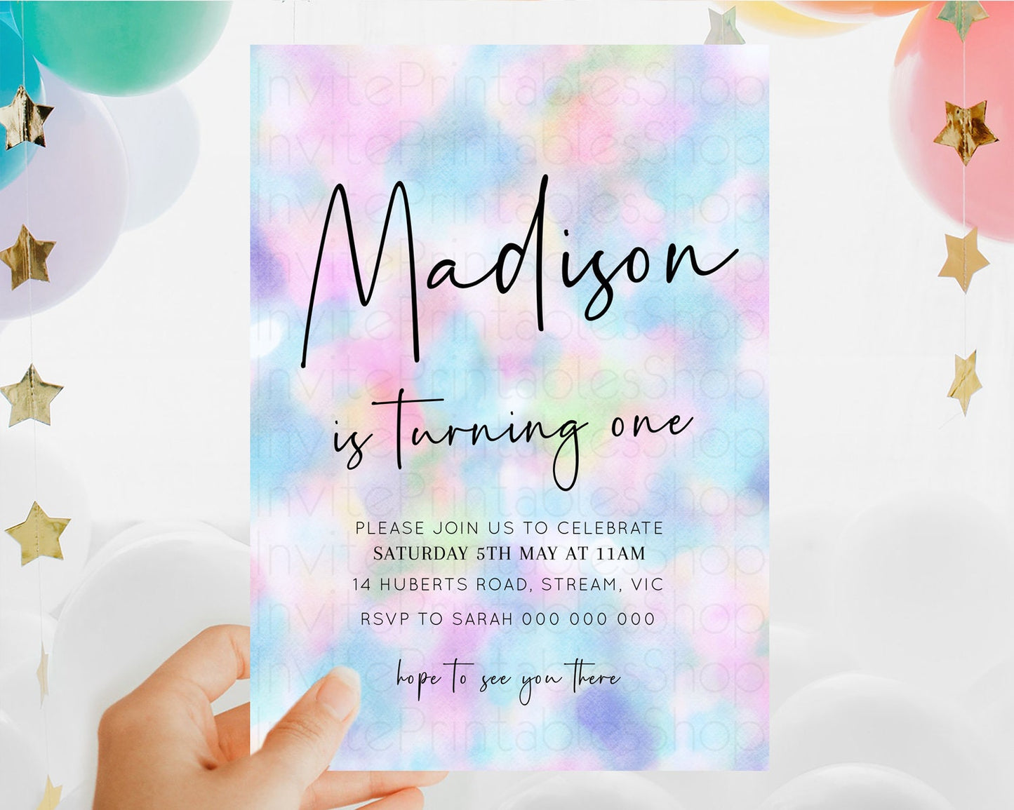 Rainbow Birthday Invitation Colorful Pastel Watercolor Invitation Gold Glitter Sprinkles Ombre Pastel 1st 2nd 3rd Birthday D10694