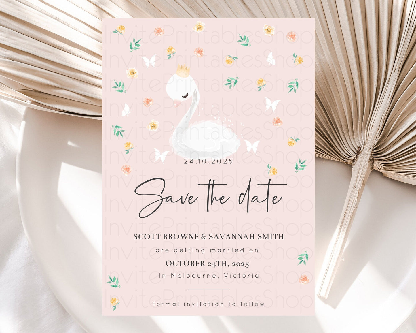 Swan Save The Date Template Swan Princess Ballet Party Enchanted Swan Lake Secret Garden Pastel Floral Birthday Baptism Baby Shower D10388