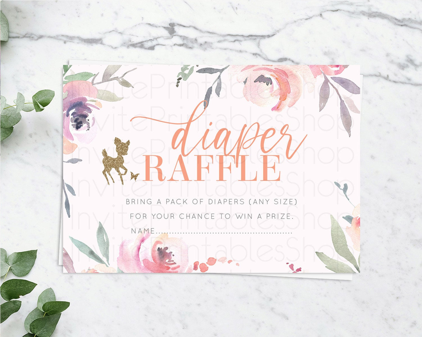 Fawn Diaper Raffle Card Deer Diaper Insert Floral Deer Diaper Ticket Enchanted Forest Butterfly Pastel Baby Shower Raffle Game D10196