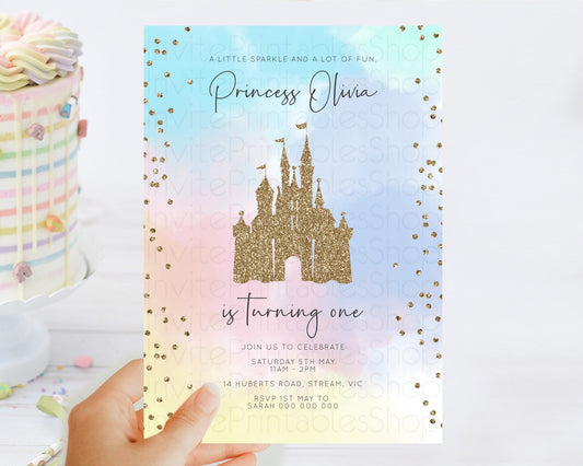 Princess Birthday Invitation Princess Invitation Pastel Invitation Royal Birthday Rainbow Color Enchanted Castle 1st First Birthday D10895