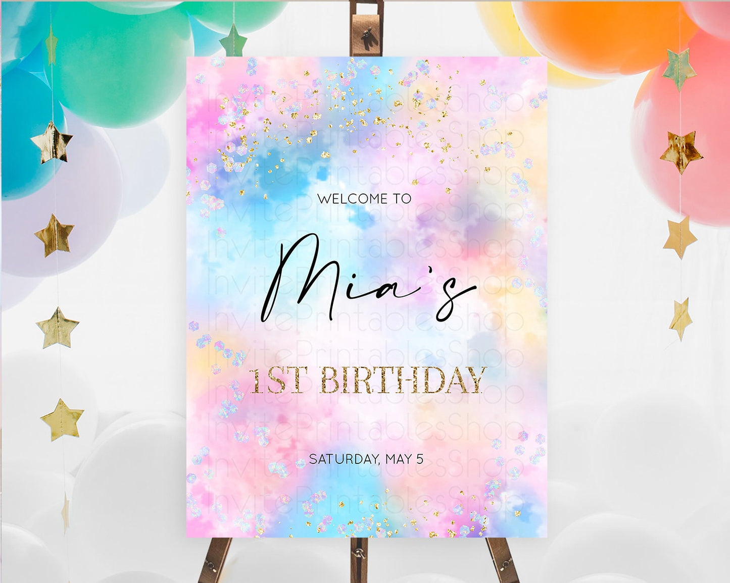 Pastel Welcome Sign Pastel Rainbow Welcome Sign Colorful Rainbow Confetti Watercolor Glitter Pastel First Birthday Welcome Sign D10607
