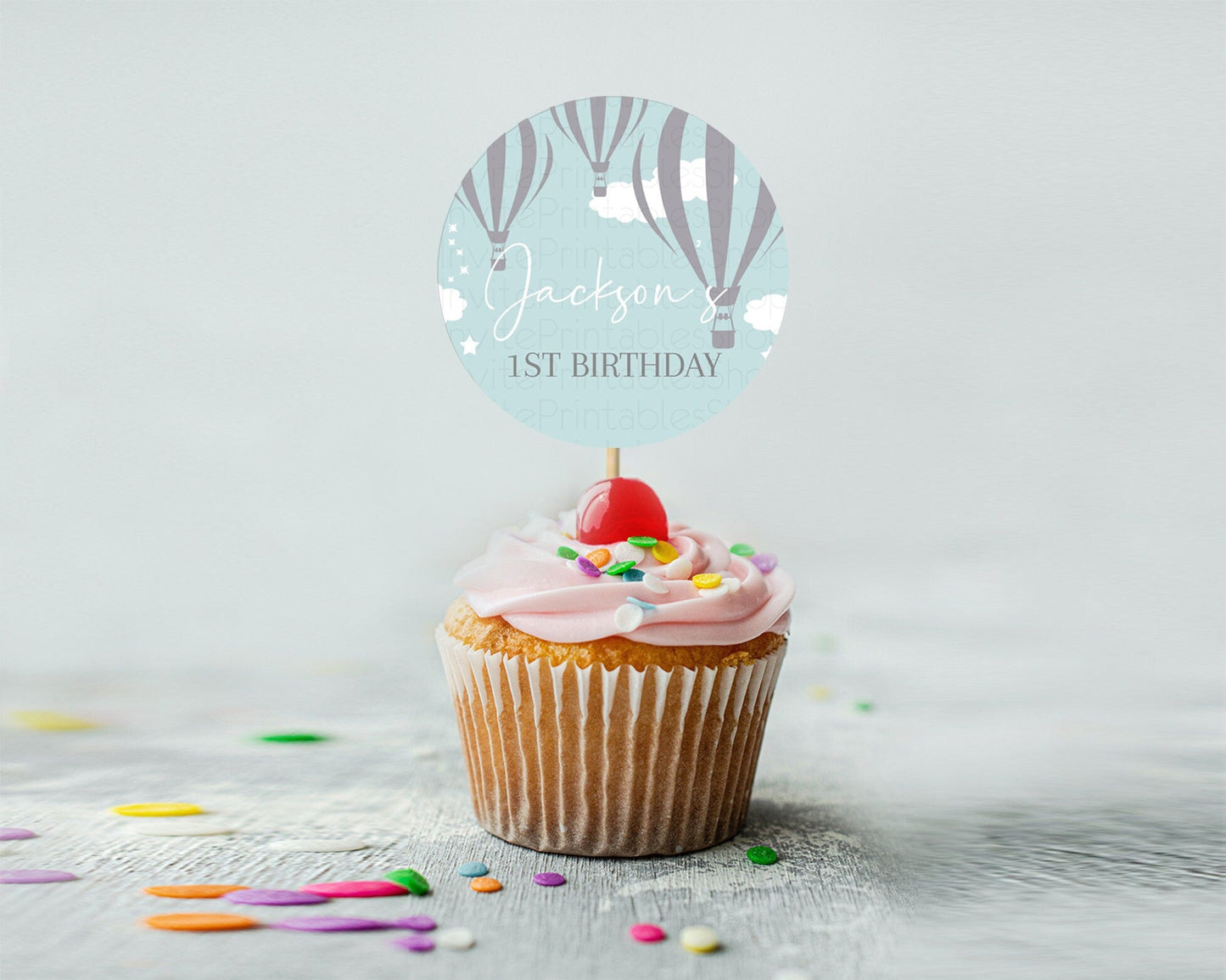 Hot Air Balloon Cupcake Toppers Adventure Awaits Up & Away Glitter Blue Watercolor Cupcake Topper Hot Air Balloon Party Decor D10324