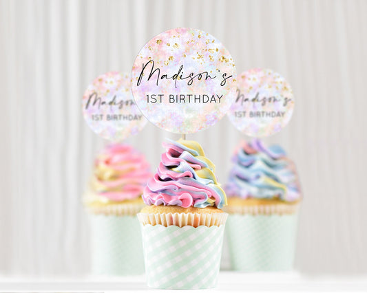 Editable Rainbow Cupcake Toppers Pastel Cupcake Toppers Colorful Pastel Wate