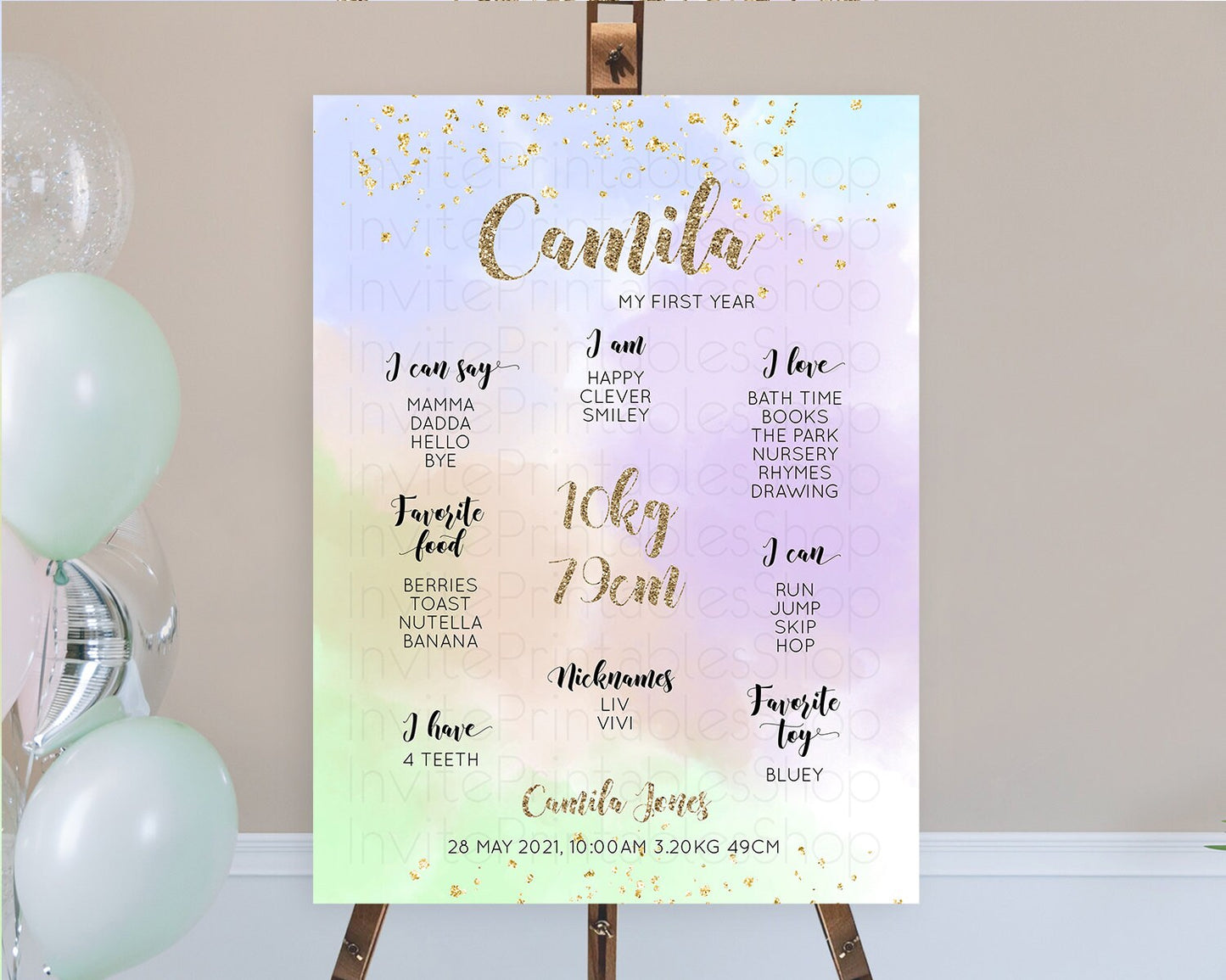 Pastel First Birthday Milestone Board Pastel Rainbow Milestone Poster Colorful Confetti Watercolor Glitter 1st Birthday Welcome Sign D10372
