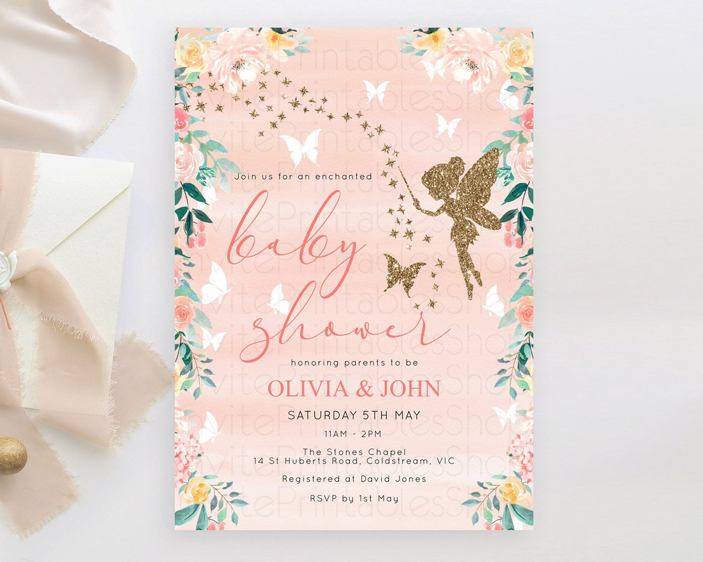 Fairy Baby Shower Invitation, Secret Garden, Fairy Garden Party, Magical Butterflies, Pink Orange Greenery, Floral, Orange Watercolor D10792