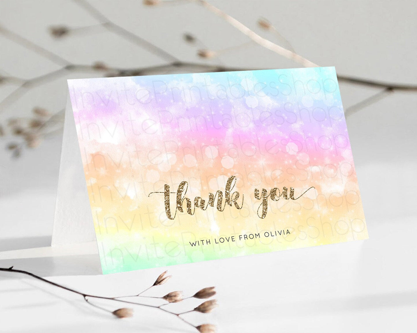 Pastel Thank You Rainbow Thank You Card Colorful Pastel Birthday Thank You Card Confetti Watercolor Pastel Teacher Thank You Cards D10648