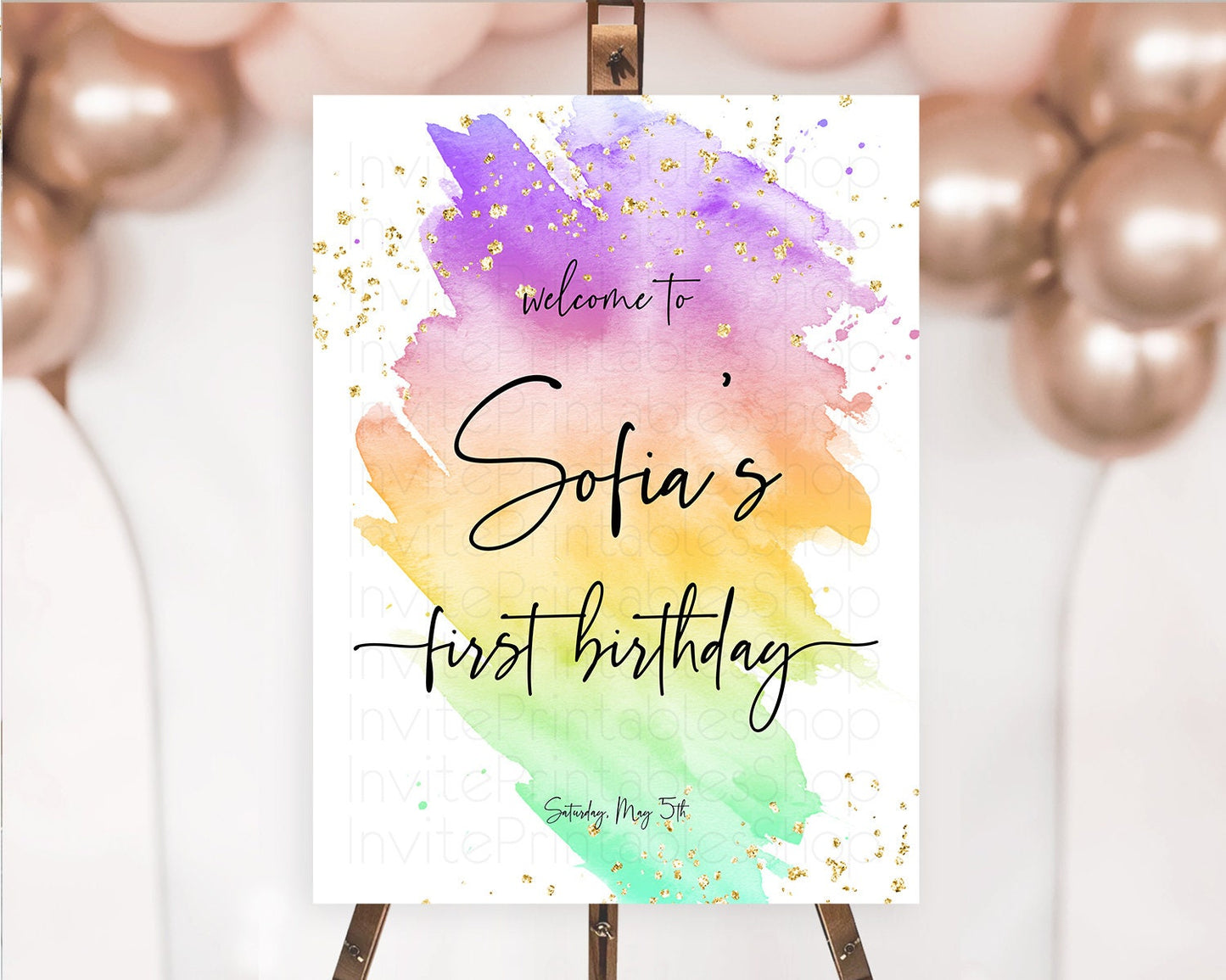 Pastel Welcome Sign Pastel Rainbow Welcome Sign Colorful Rainbow Confetti Watercolor Glitter Pastel First Birthday Welcome Sign D10518