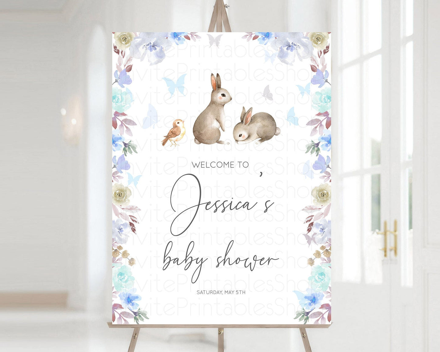 Editable Bunny Baby Shower Welcome Sign Floral Bunny Welcome Board Pastel Fl
