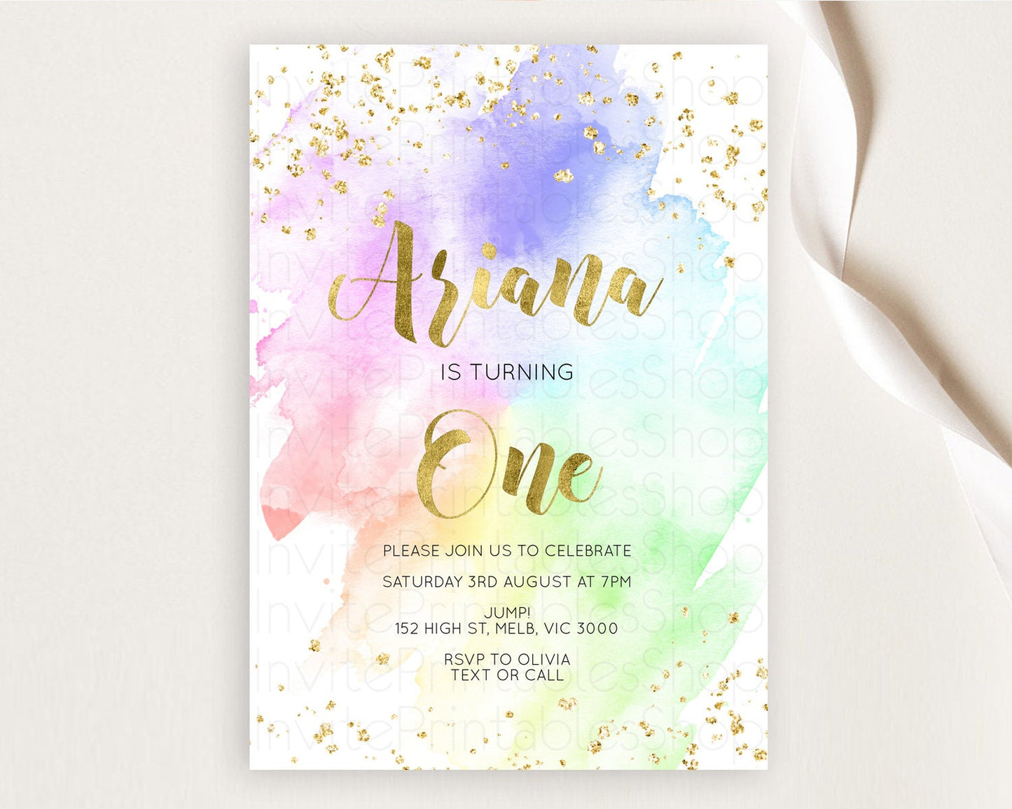 Rainbow Birthday Invitation Colorful Pastel Watercolor Invitation Gold Glitter Sprinkles Ombre Pastel 1st 2nd 3rd Birthday D10876