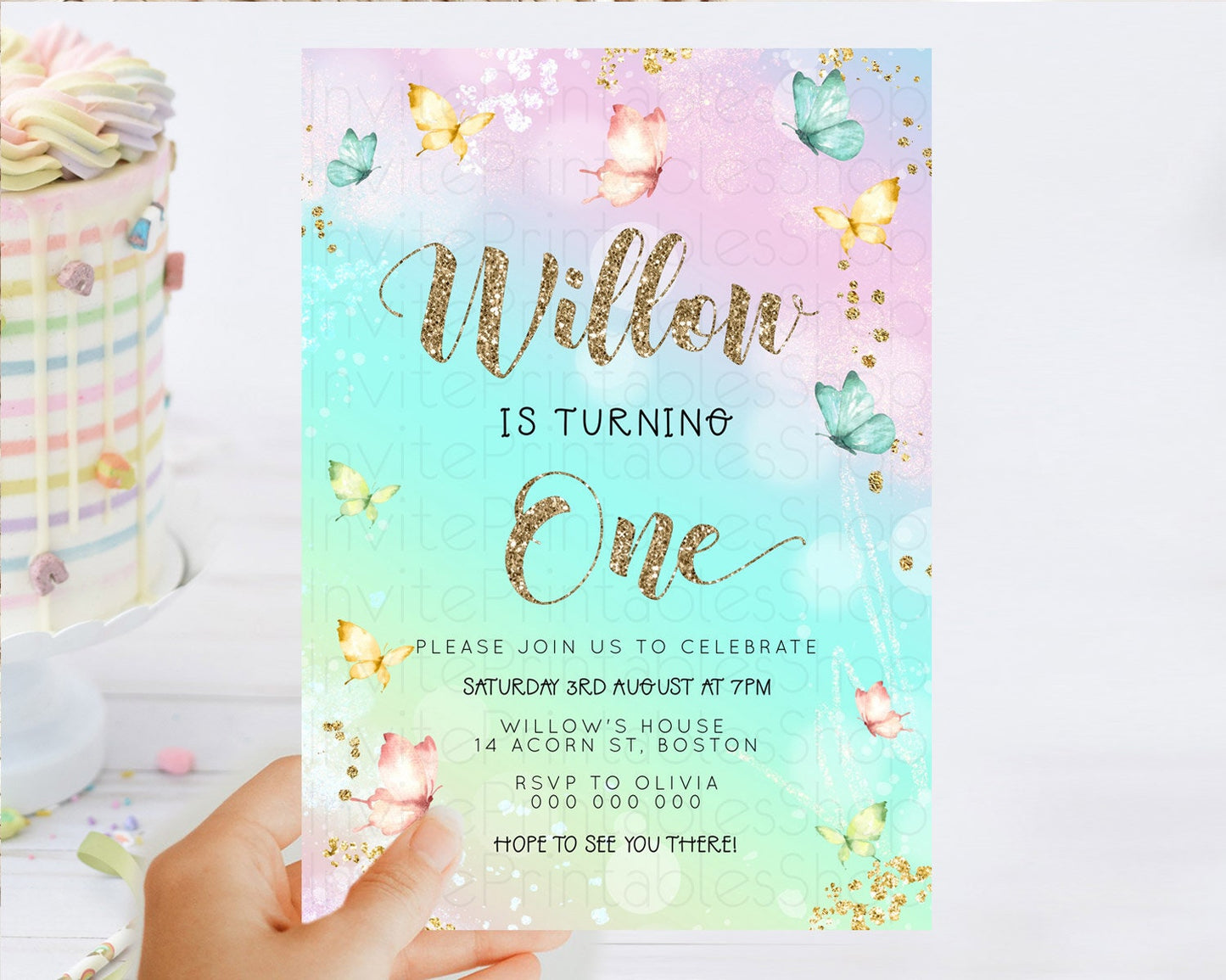 Pastel Butterfly Birthday Invitation Butterfly Birthday Invitation Colorful Splash Glitter Butterfly Garden 1st 2nd Birthday D23079