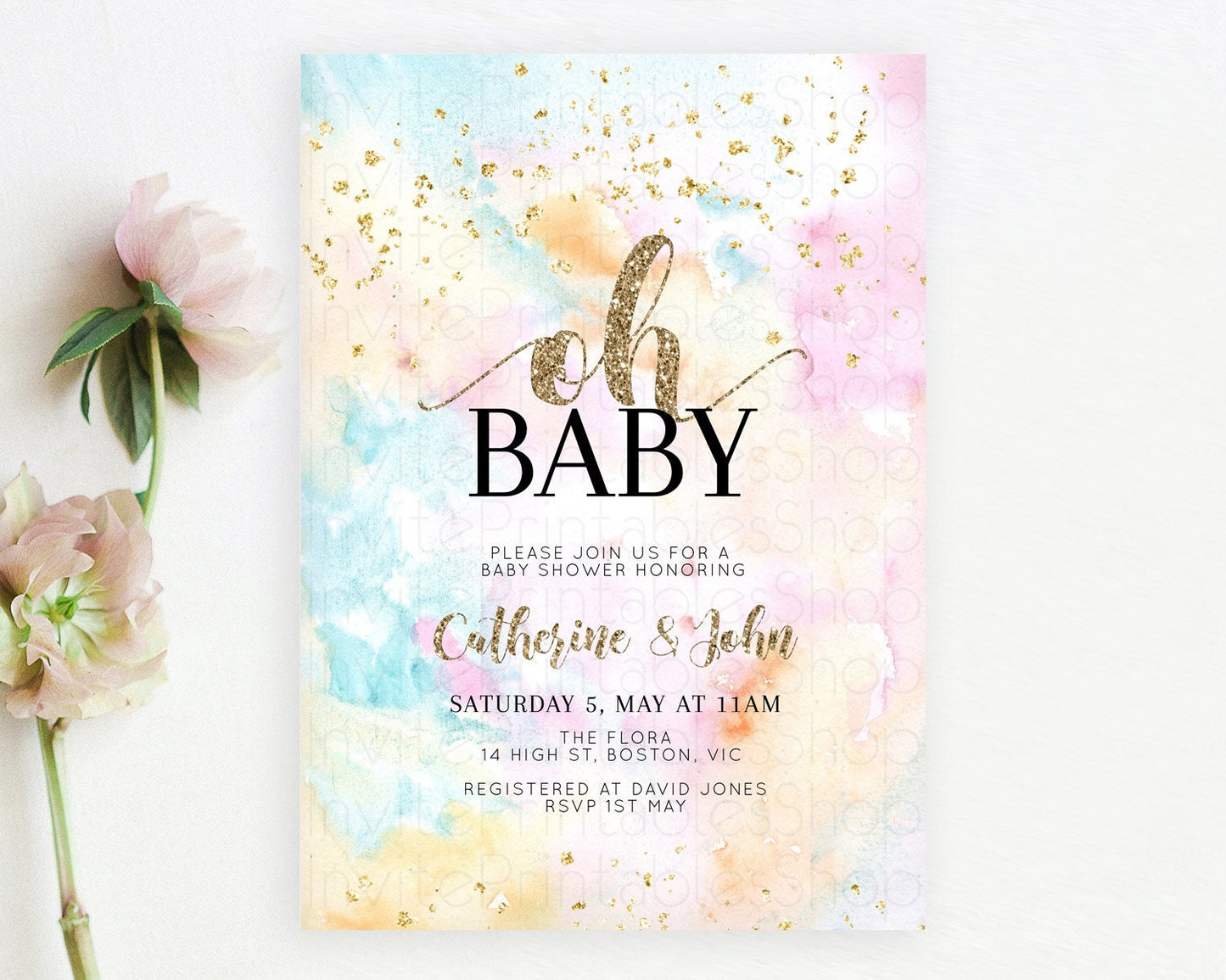 Pastel Baby Shower Invitation Rainbow Baby Shower Invitation Colorful Pastel Watercolor Invitation Gold Glitter Sprinkles Ombre D10548