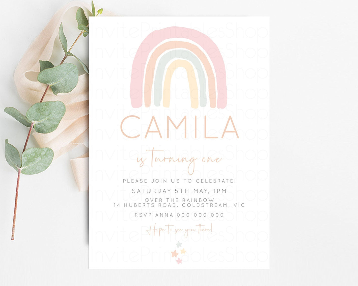 Boho Rainbow Birthday Invitation Colorful Pastel Invitation Heart Rainbow Invite Watercolor Orange Green Blue Pink 1st 2nd 3rd Birthday 14
