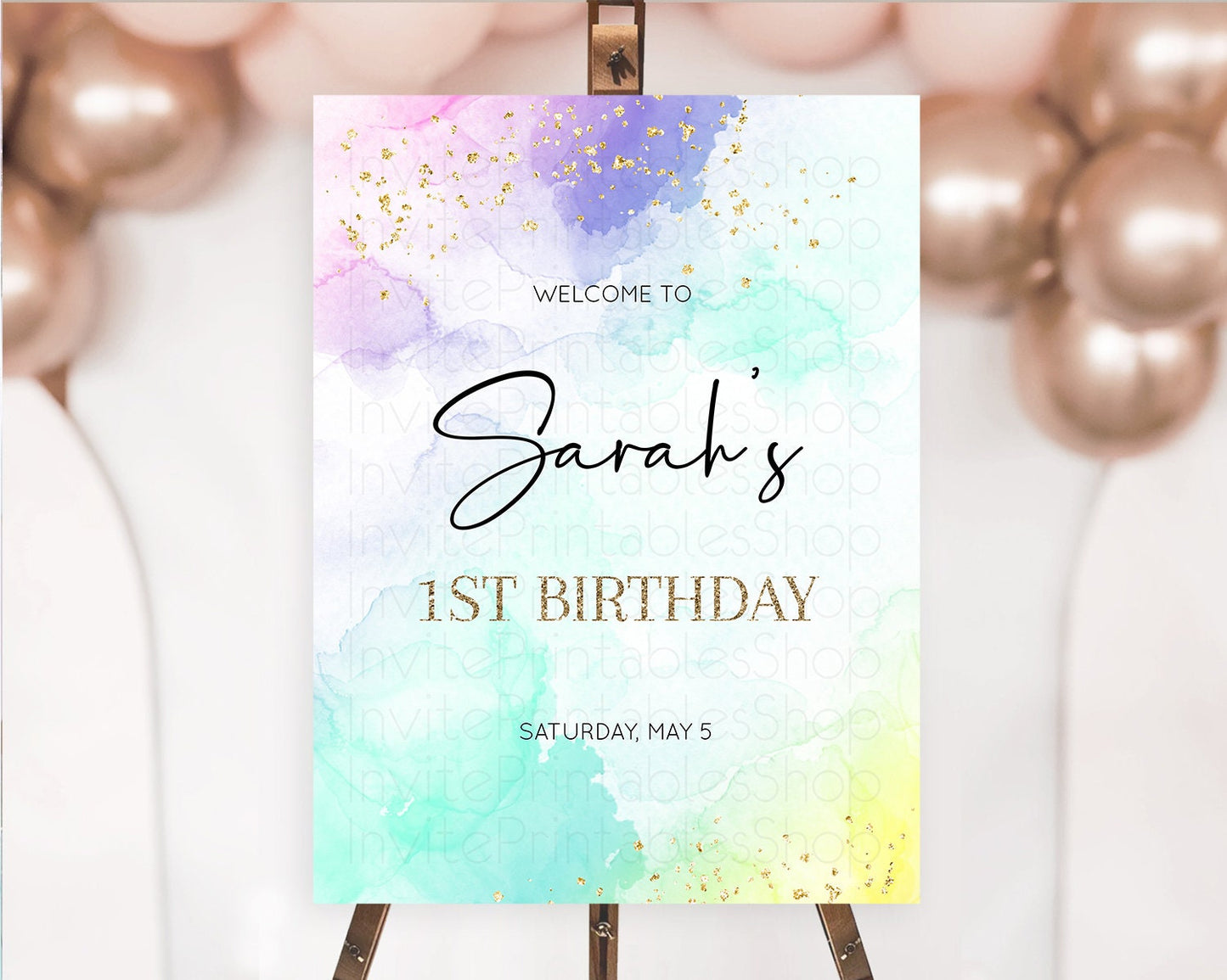 Pastel Welcome Sign Pastel Rainbow Welcome Sign Colorful Rainbow Confetti Watercolor Glitter Pastel First Birthday Welcome Sign D10158