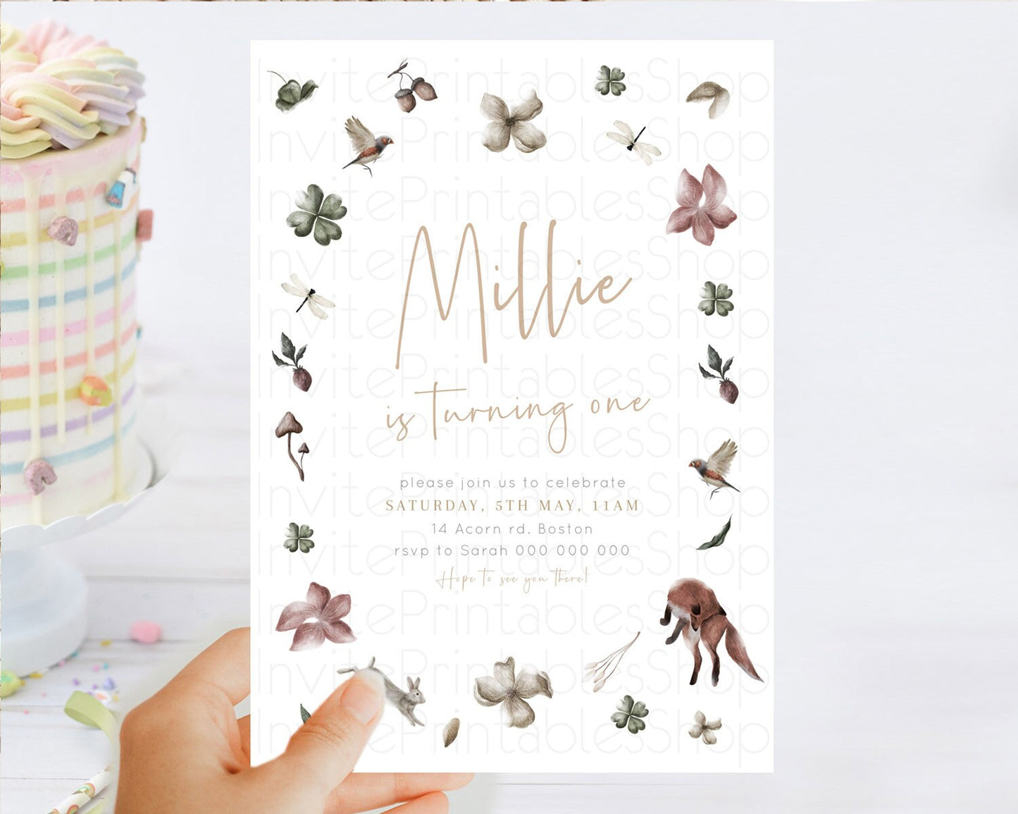 Forest Fox Birthday Invitation Butterfly Flower Fox Birthday Invitation Enchnted Floral Forest Secret Garden 1st Birthday Invitation D23365