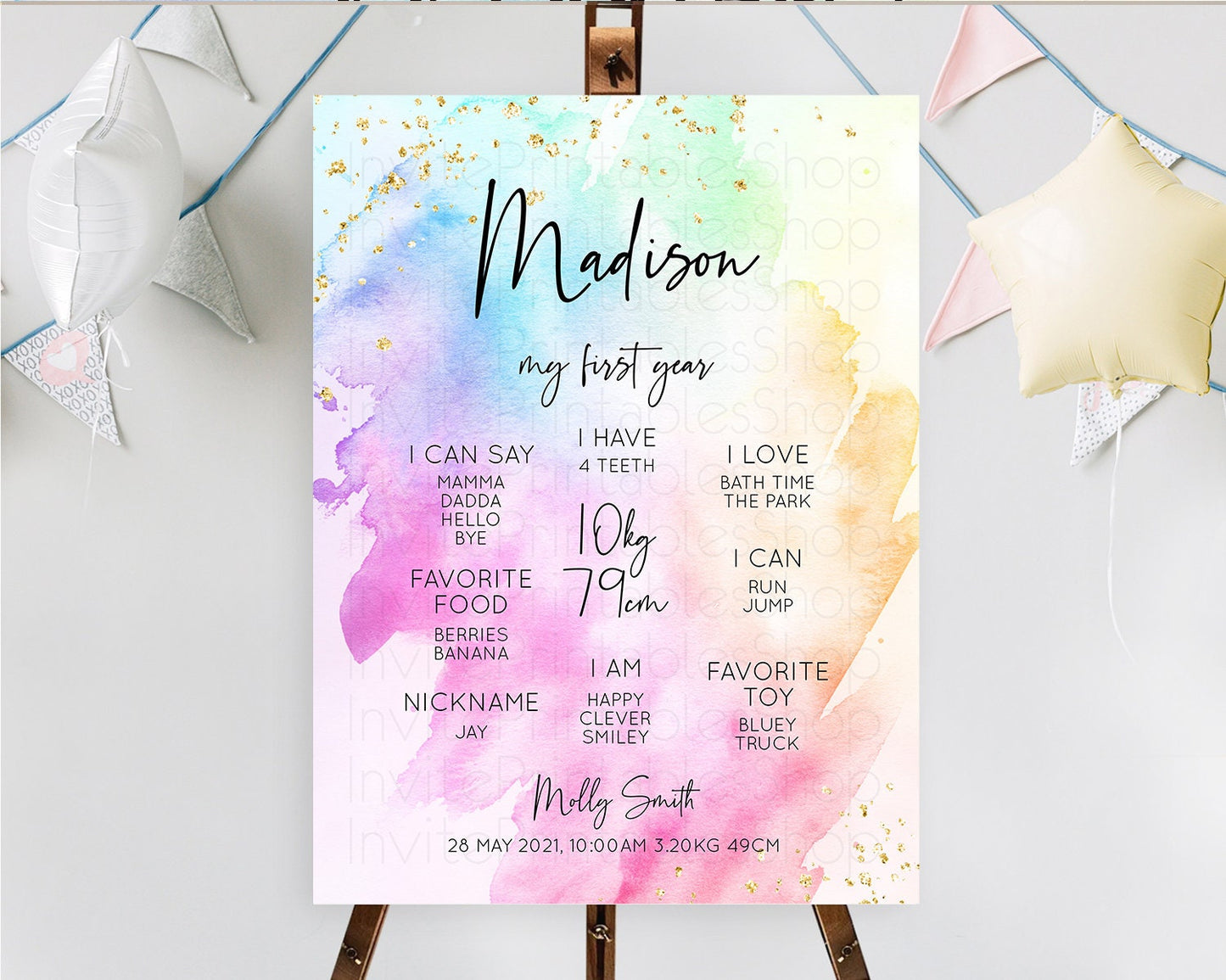 Pastel First Birthday Milestone Board Pastel Rainbow Milestone Poster Colorful Confetti Watercolor Glitter 1st Birthday Welcome Sign D10449