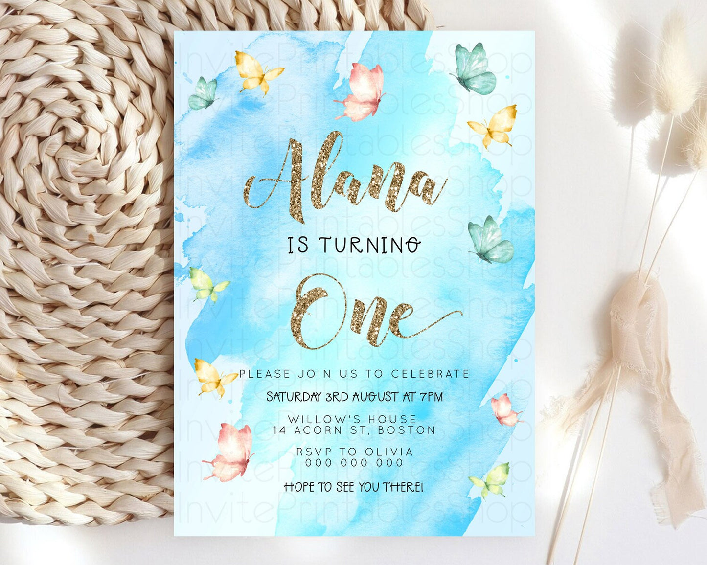 Blue Birthday Invitation Blue Watercolor Invitation Pastel Blue Watercolor Invitation Blue Splash Gold Invitation 1st First Birthday D23260