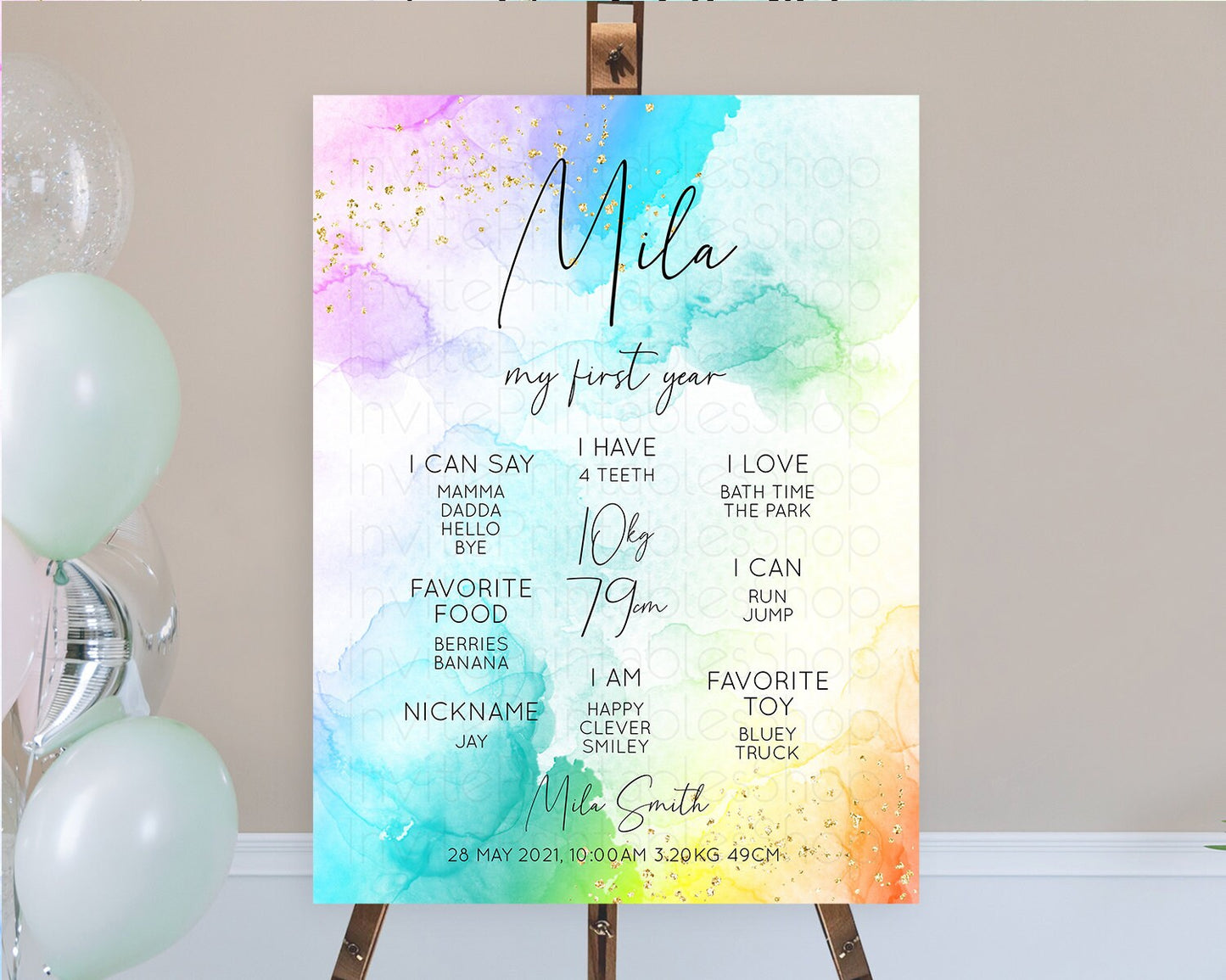 Pastel First Birthday Milestone Board Pastel Rainbow Milestone Poster Colorful Confetti Watercolor Glitter 1st Birthday Welcome Sign D10771
