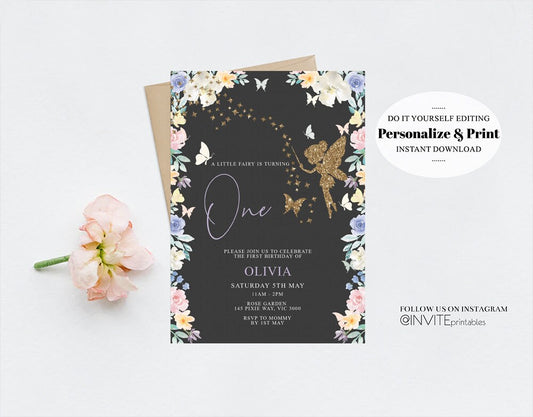 Editable Fairy Birthday Invitation Floral Garden Tea Party Fairy Invite Whim