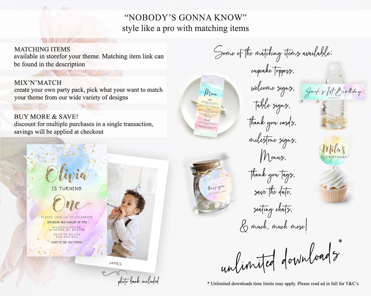 Rainbow Birthday Invitation Colorful Pastel Watercolor Invitation Gold Glitter Sprinkles Ombre Pastel 1st 2nd 3rd Birthday D23304