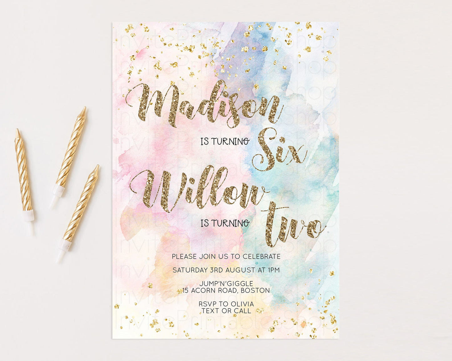 Rainbow Birthday Invitation Colorful Watercolor Gold Glitter Sprinkle Ombre Pastel Invitation Joint Birthday 1st 2nd 3rd Editable Invite 276