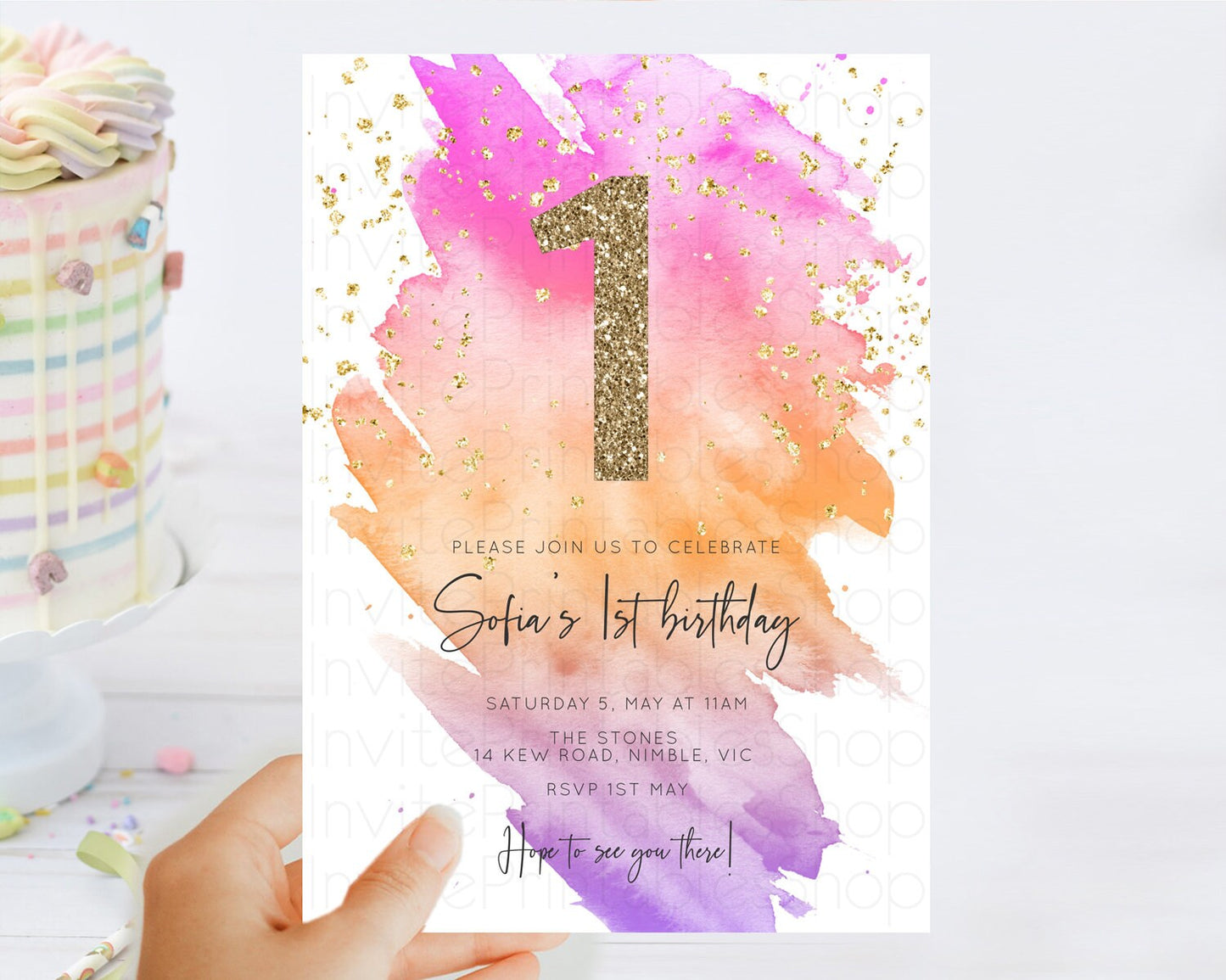 Rainbow Birthday Invitation Colorful Pastel Watercolor Invitation Gold Glitter Sprinkles Ombre Pastel 1st 2nd 3rd Birthday D10488