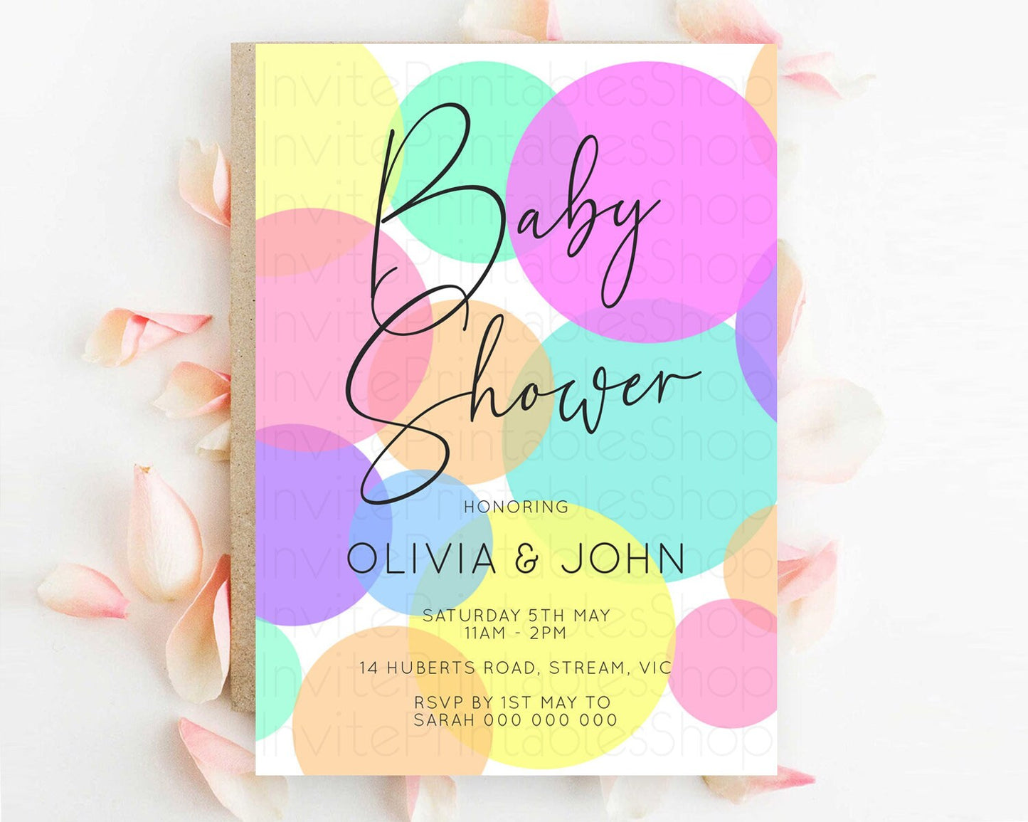 Pastel Rainbow Baby Shower Invitation: Confetti, Sprinkles, Bubbles, POP Theme, Colorful Rainbow Green, Purple, Yellow, and Orange D10888
