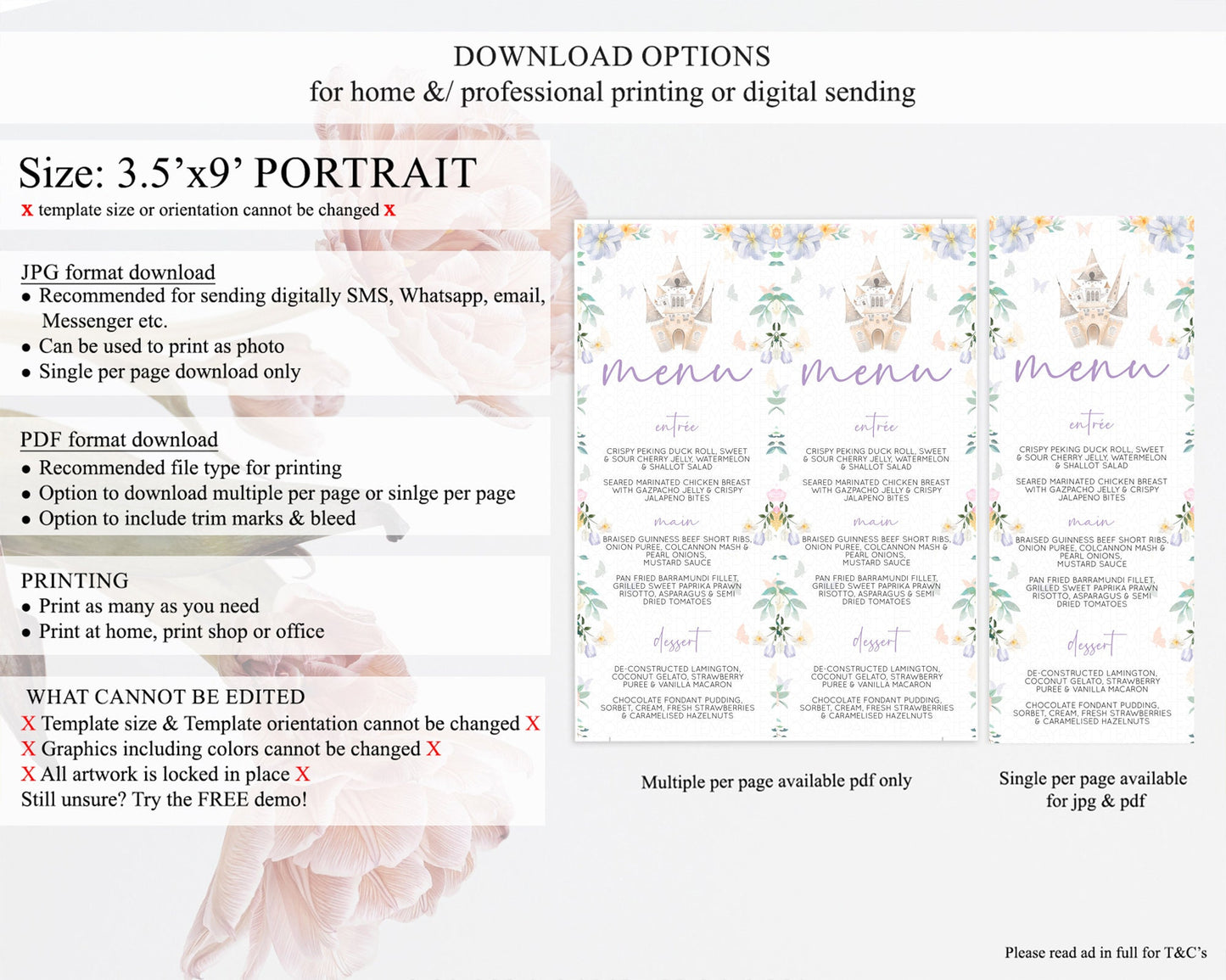 Princess Menu Castle Menu Template Secret Garden Table Decor Enchanted Castle Pastel Floral Dinner Dessert Menu Princess Food Menu D10473