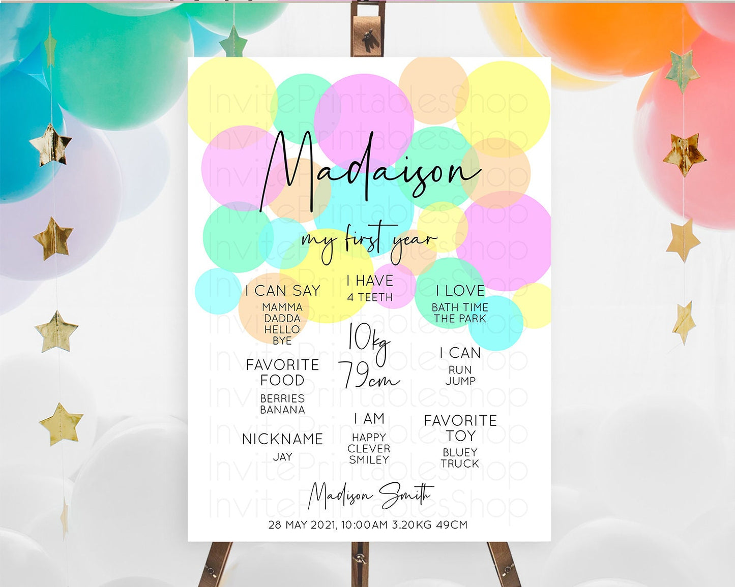 Pastel First Birthday Milestone Poster Pastel Rainbow Confetti First Birthday Milestone Board Colorful Bubbles Birthday Welcome Sign D10409