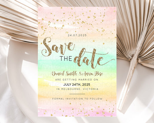 Pastel Save The Date Template Pastel Ombre Rainbow Watercolor Colorful Party For Birthday Baptism Baby Shower Wedding Bridal Shower D10592