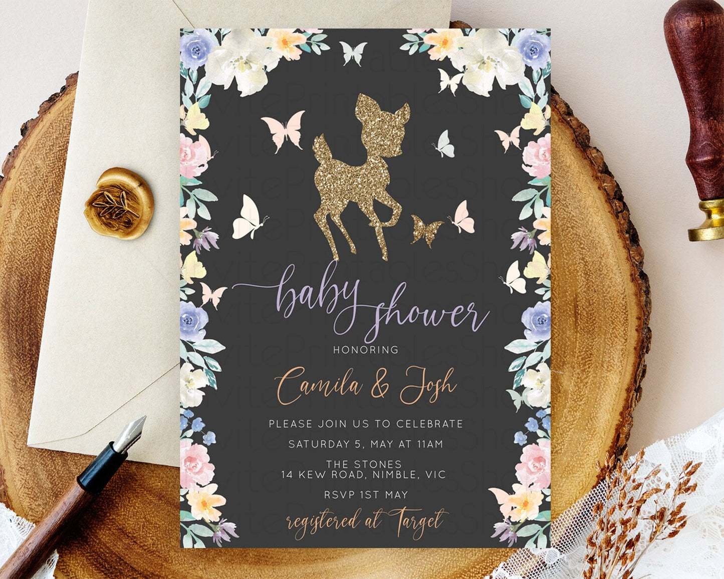 Fawn Baby Shower Invitation Deer Baby Shower Invites Enchanted Forest Theme Butterfly Pastel Flowers Whimsical Baby Shower D10323