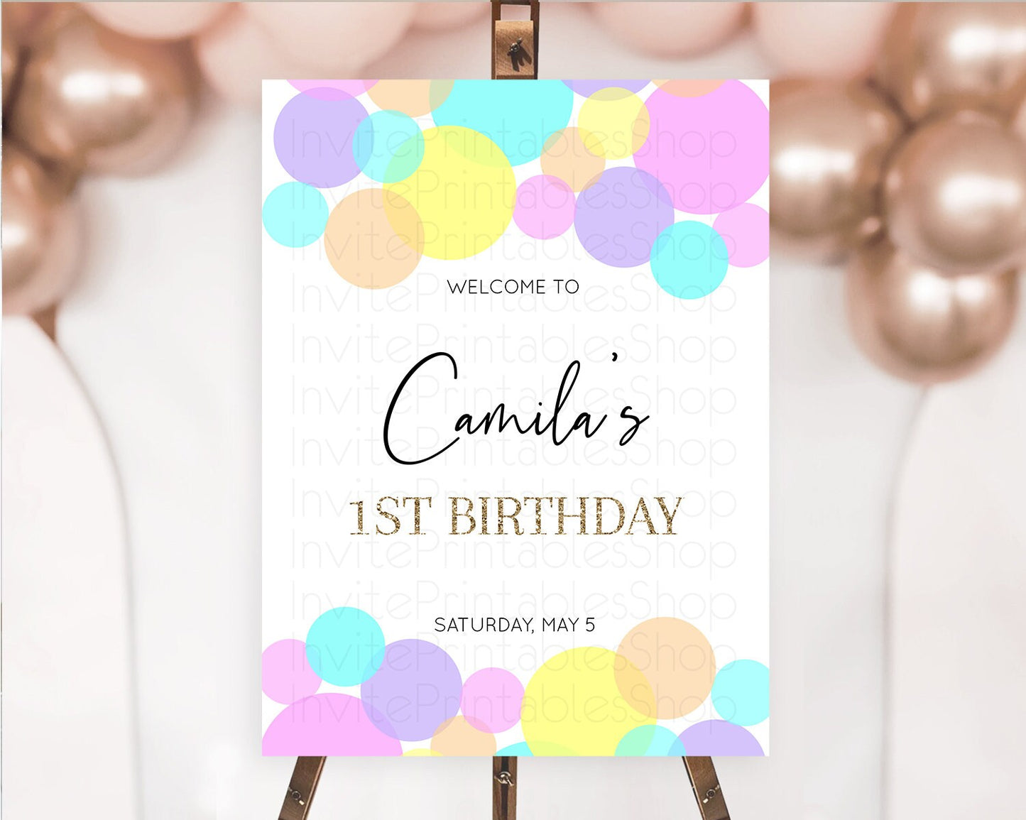 Rainbow Welcome Sign Pastel Welcome Board Pastel Rainbow Confetti Welcome Sign Colorful Bubbles Pastel First Birthday Welcome Sign D10407