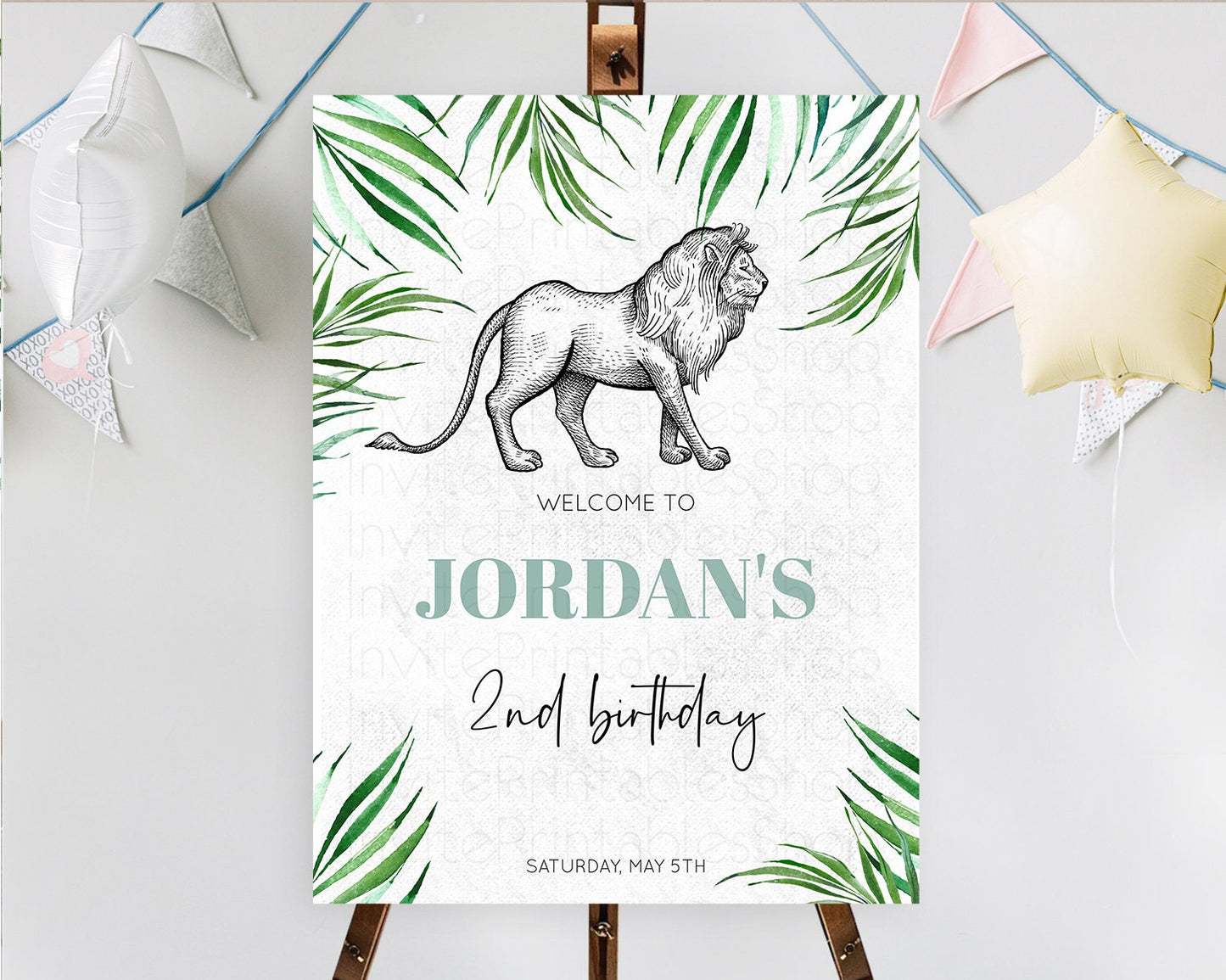 Lion Welcome Sign Lion Welcome Board Lion Party Welcome Poster Dried Palm Fern Safari Party Decor Lion First Birthday Welcome Sign D10845