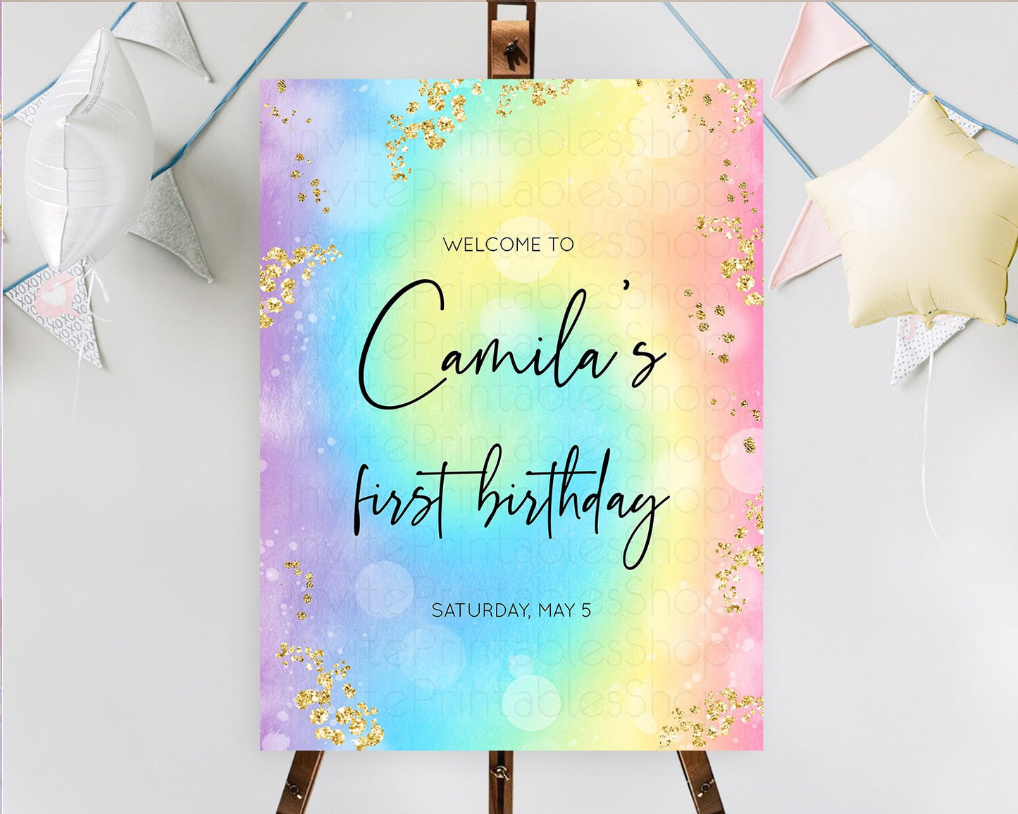 Pastel Welcome Sign Pastel Rainbow Welcome Sign Colorful Rainbow Confetti Watercolor Glitter Pastel First Birthday Welcome Sign D10568