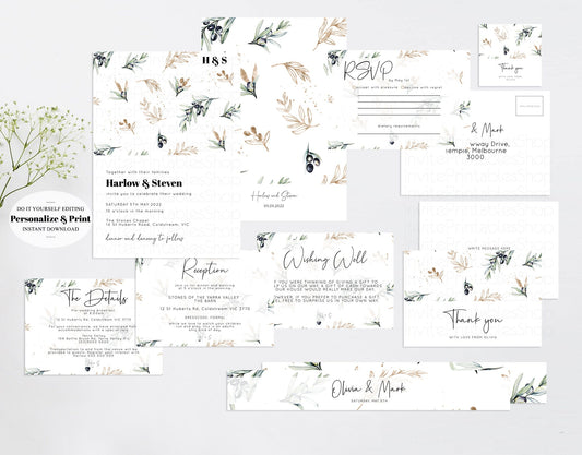 Editable Olive Branch & Gold Foil Wedding Invitation White Modern Rustic Cou