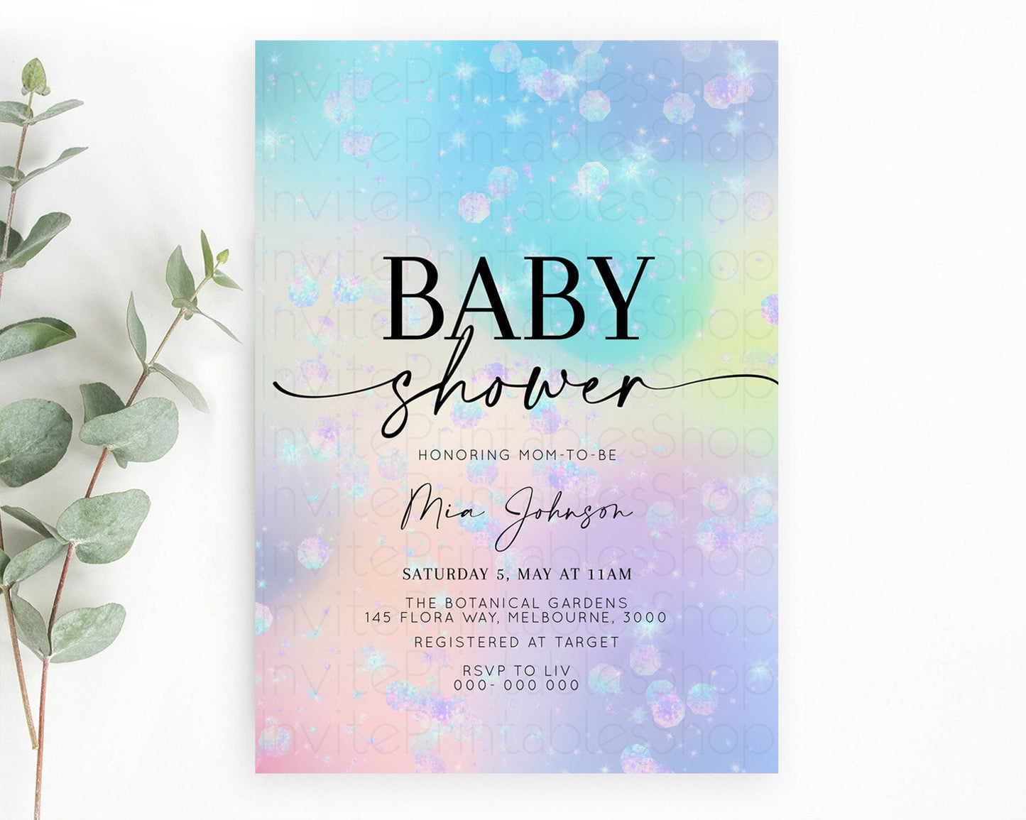 Pastel Rainbow Baby Shower Invitation, Pastel Watercolor with Iridescent Confetti Sprinkles - Colorful Invite Blue, Purple, Yellow D10665
