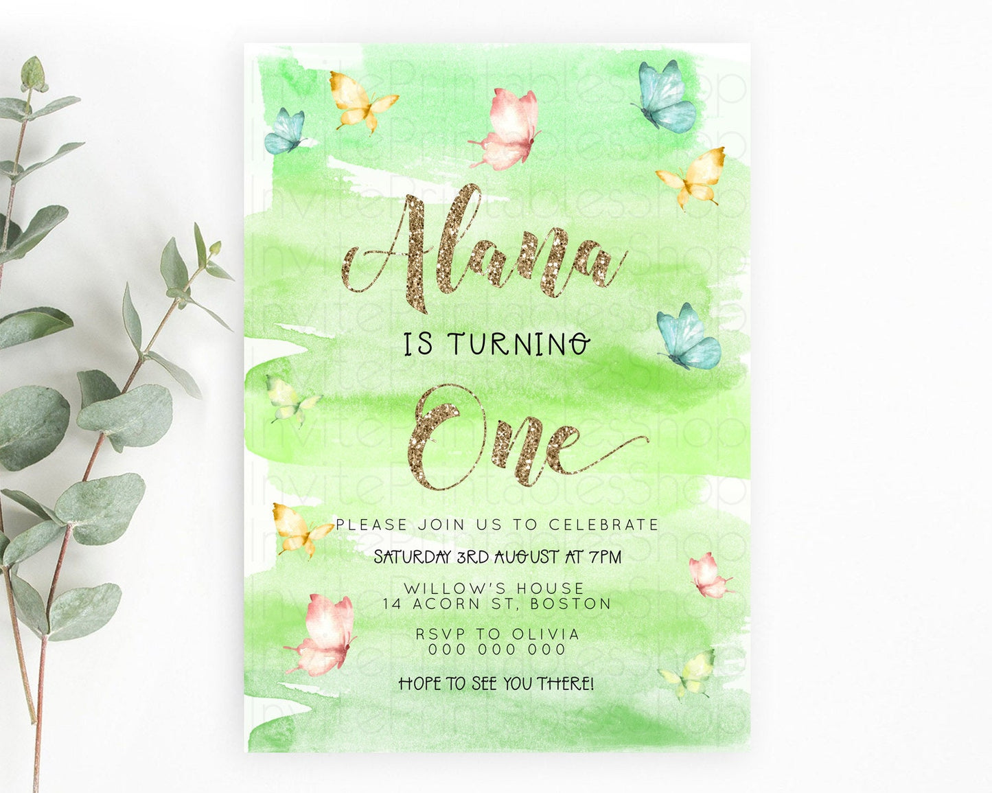 Pastel Butterfly Birthday Invitation Butterfly Birthday Invitation Colorful Splash Glitter Butterfly Garden 1st 2nd Birthday D23234