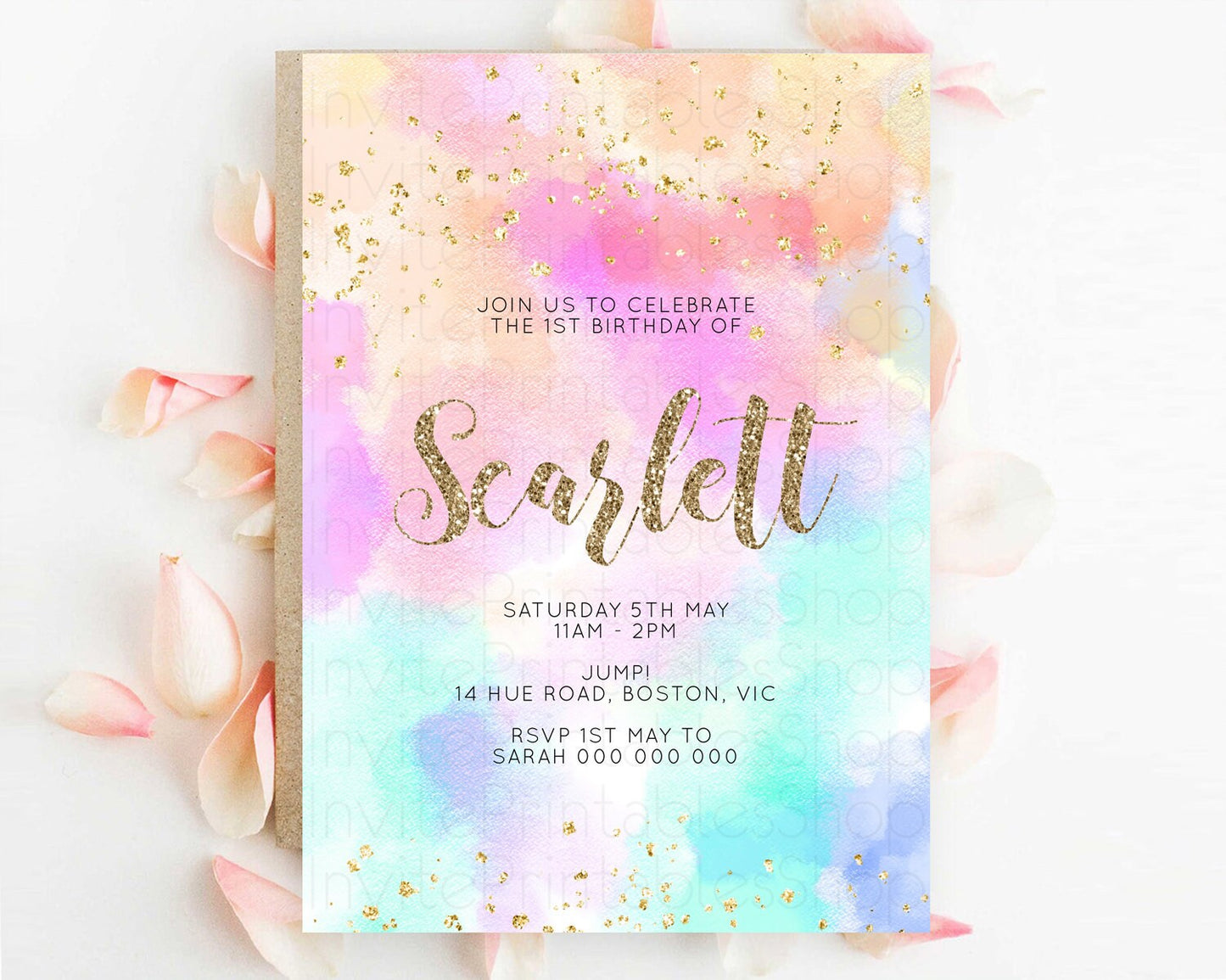 Rainbow Birthday Invitation Colorful Pastel Watercolor Invitation Gold Glitter Sprinkles Ombre Pastel 1st 2nd 3rd Birthday D10669