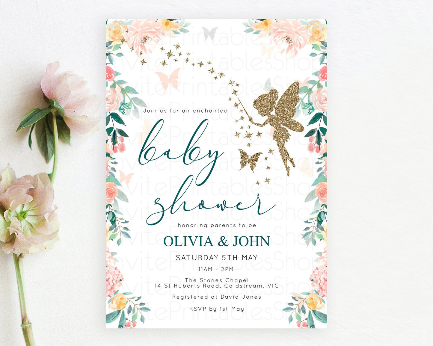 Fairy Baby Shower Invitation, Secret Garden, Fairy Garden, Pastel Green, Orange, Pink Floral, Butterflies - with Pixie Glitter Magic D10239